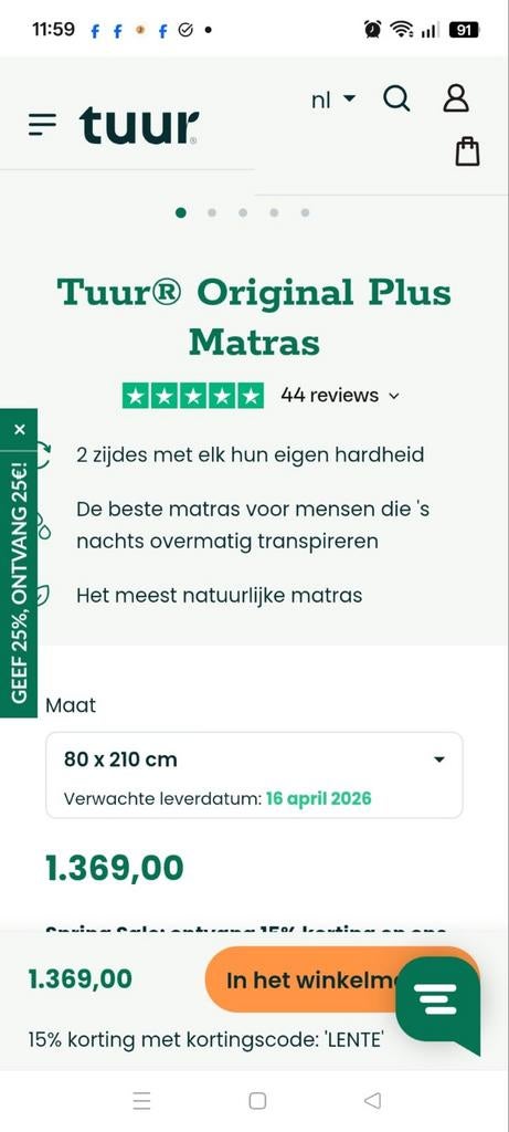 Matras TUUR Original Plus. Natuur Latex matras., Eenpersoons, 210 cm, Nieuw, Ophalen of Verzenden
