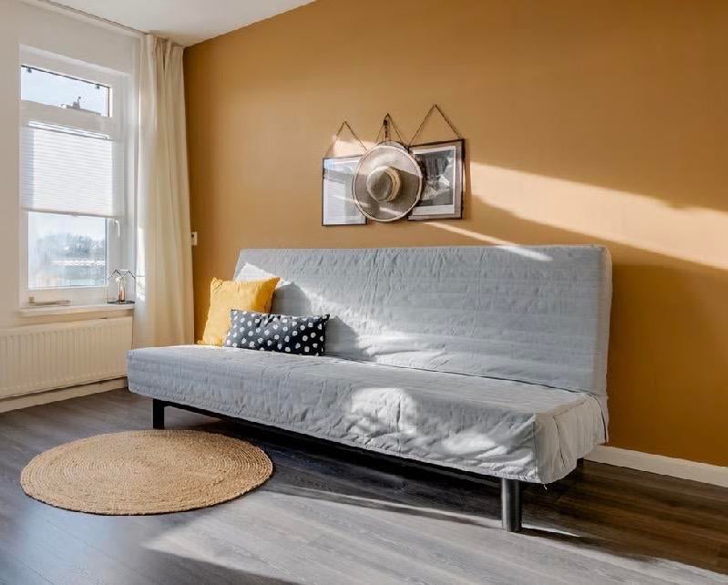 IKEA slaapbank, zwart frame, grijze hoes, tweepersoons, Ophalen, Gebruikt, Tweepersoons, Overige maten