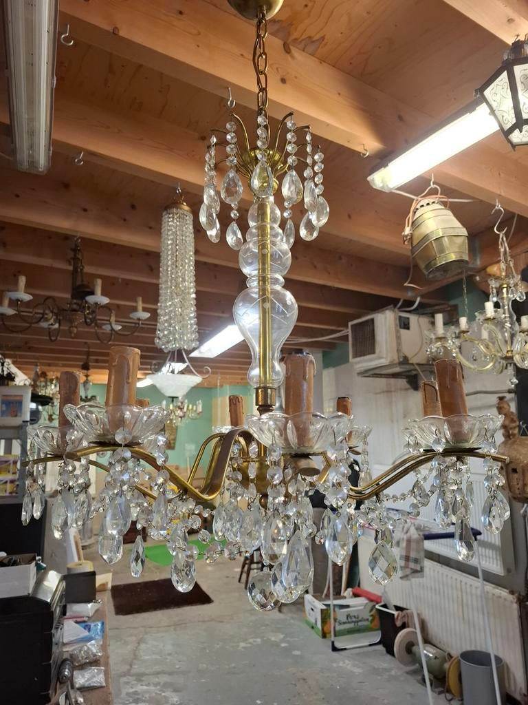 Franse Vintage glas en messing 6 arm hanglamp, Ophalen, Glas