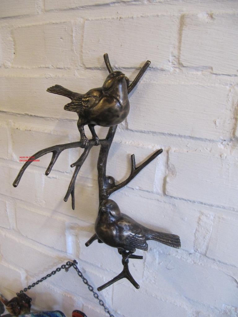 bronzen muurdecoratie / TAK met 2 VOGELS /mussen/verticaal, Huis en tuin decoratie Marie, Nieuw, Info@huisentuindecoratiemarie.nl