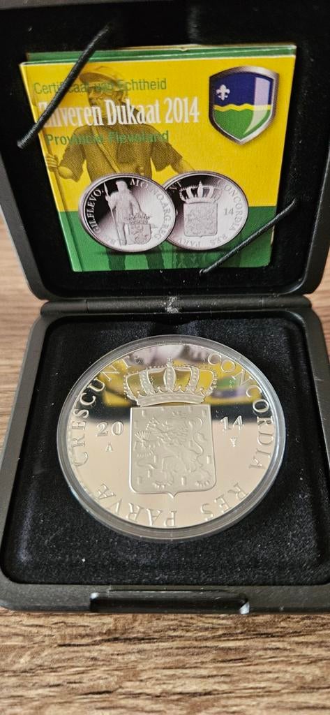 Zilveren Dukaat 2014 Flevoland proof in orginele doosje, Koningin Beatrix, Zilver, Losse munt, Overige waardes