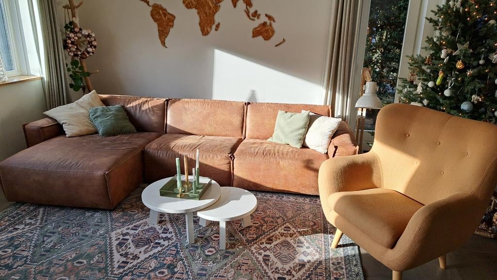 Cognackleurige hoekbank, Ophalen, 250 tot 300 cm, Gebruikt, 100 tot 125 cm