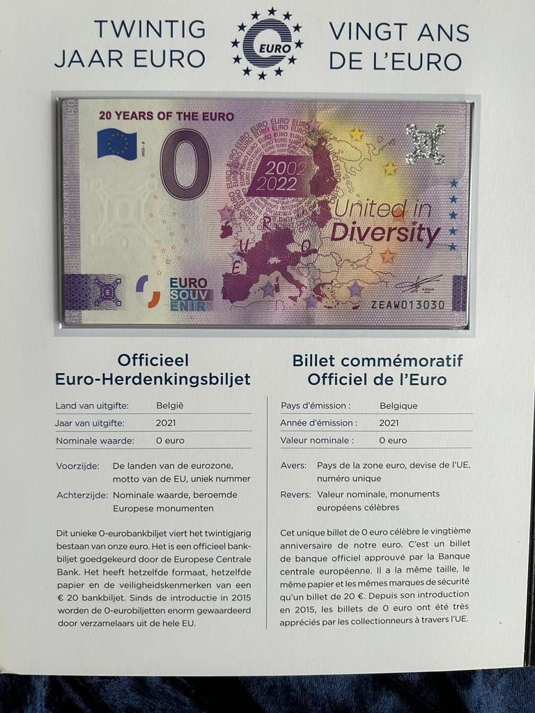 Herdenkingsbiljet 20 jaar Euro - United in Diversity, Postzegels en Munten, Bankbiljetten | Europa | Eurobiljetten, Ophalen of Verzenden