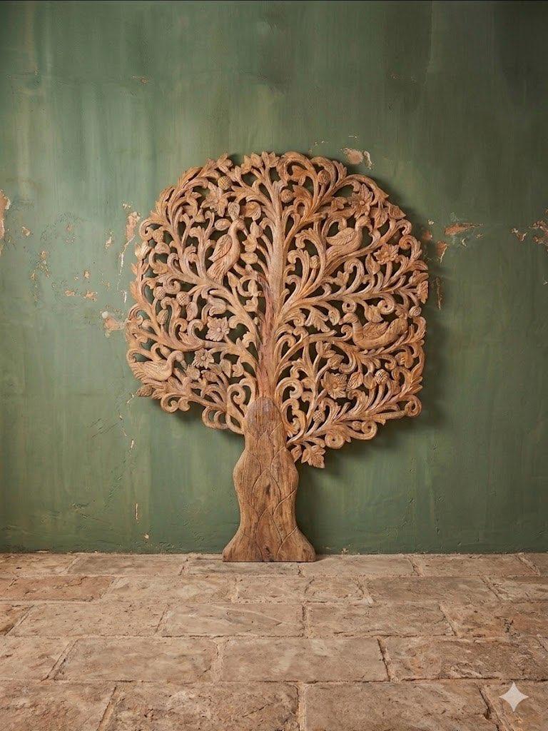 Houtsnijwerk Levensboom Mangohout Handgemaakt India, Wandsculptuur, Boho, Hout, Nieuw