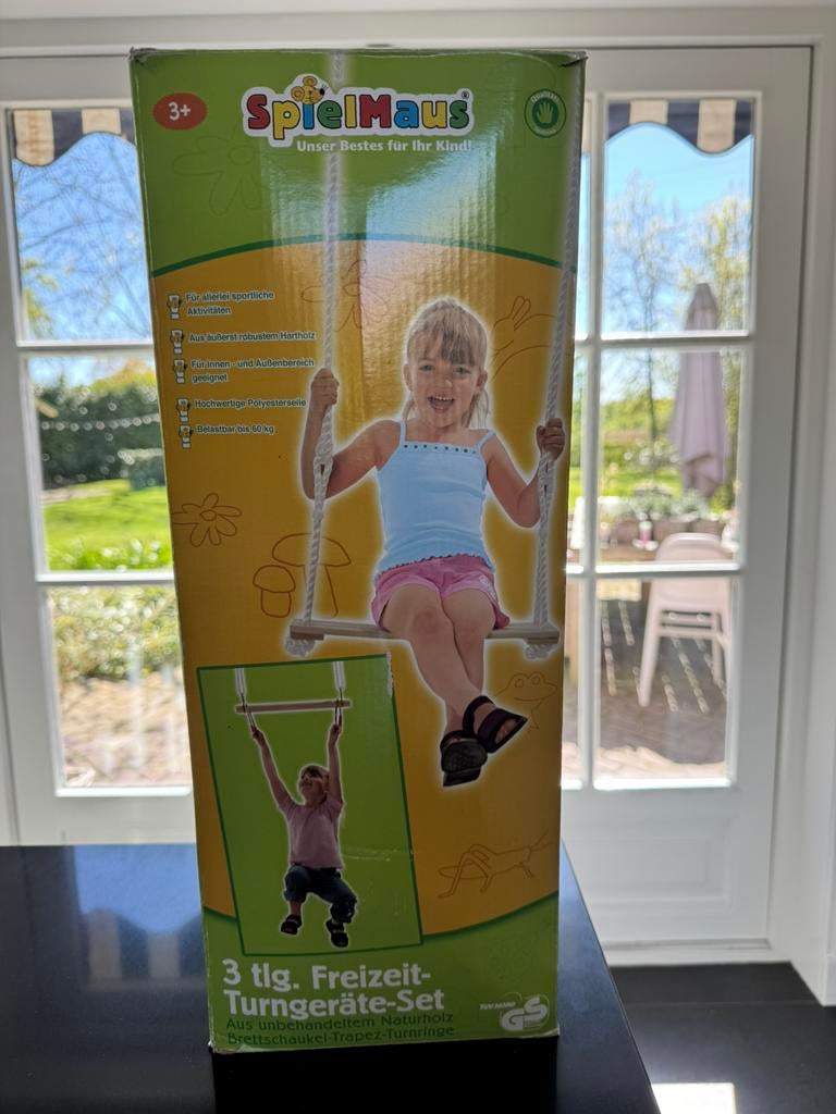 Houten schommel en rekstok met ringen. (Nieuw in doos), Ophalen, Nieuw, Schommel