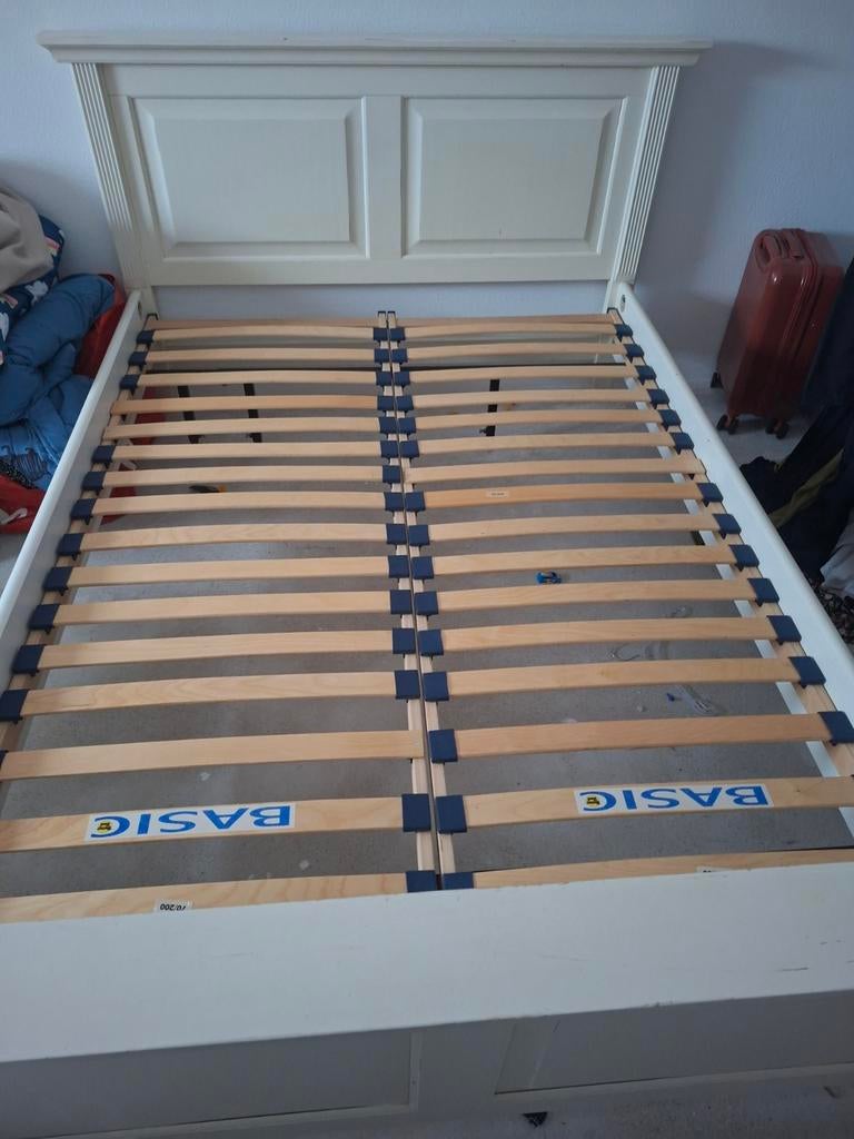 Bed met lattenbodem matrasmaat 140 x 200, Gebruikt, Wit, Tweepersoons, Hout
