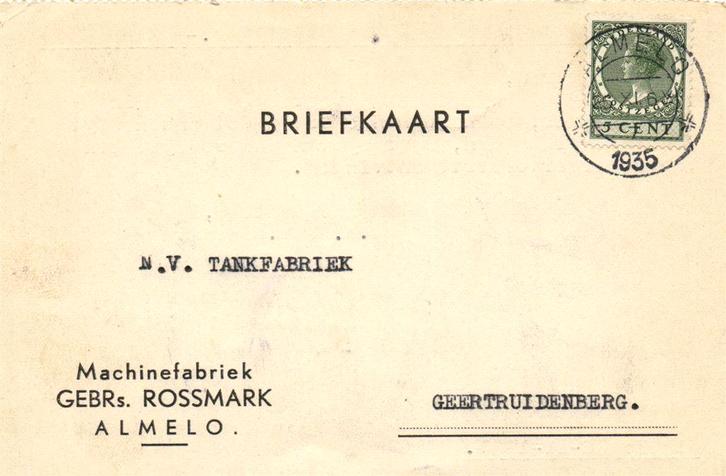 Machinefabriek Gebrs. Rossmark, Almelo - 11.1935 - briefkaar, Postzegels en Munten, Brieven en Enveloppen | Nederland, Briefkaart