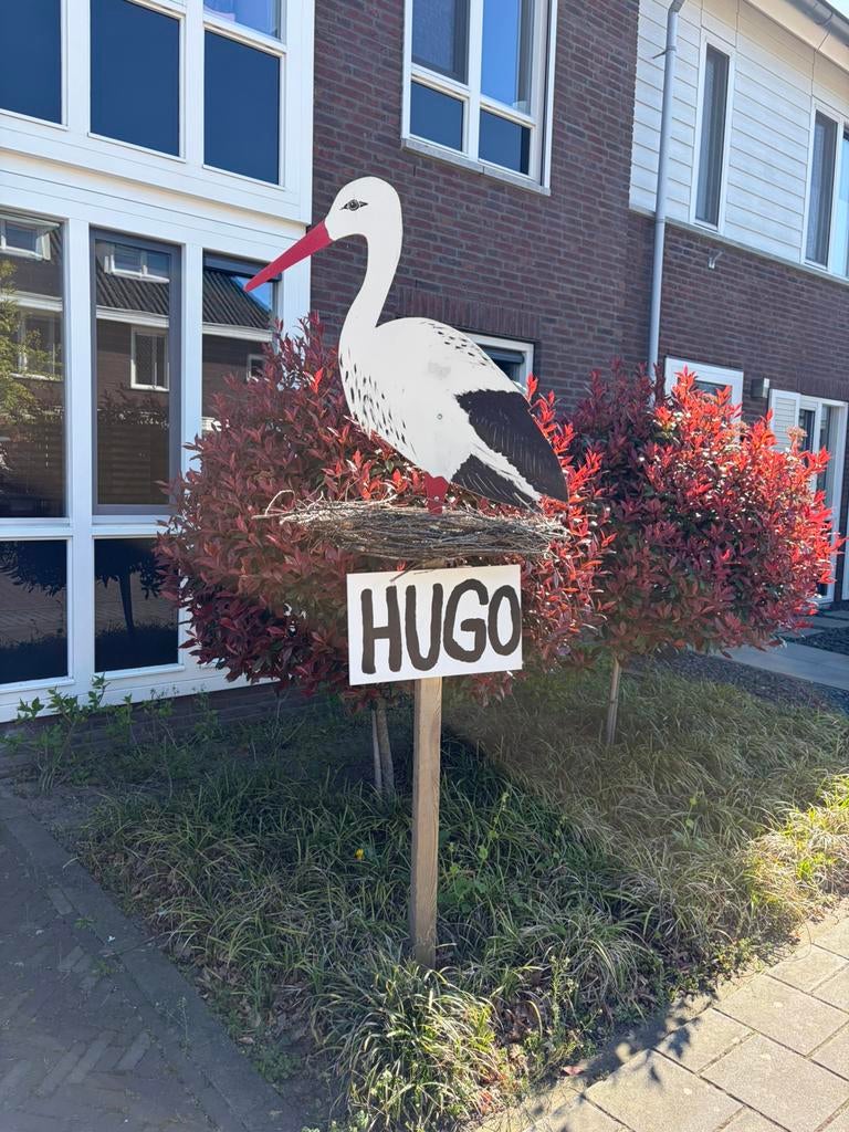 Geboortebord ooievaar incl paal, Ophalen, Zo goed als nieuw, Geboortebord