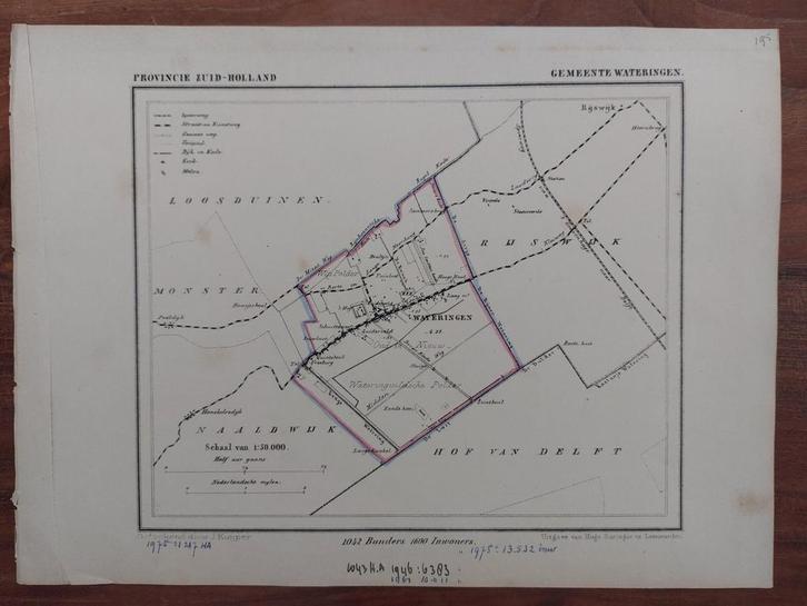 195 / Gemeente Wateringen Litho uit 1865 door J. Kuyper, Antiek en Kunst, Kunst | Litho's en Zeefdrukken, Ophalen of Verzenden