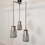 Vintage hanglamp met oranje kapjes & glazen kelken - 3 spots, Gebruikt, Vintage, Ophalen of Verzenden, Glas