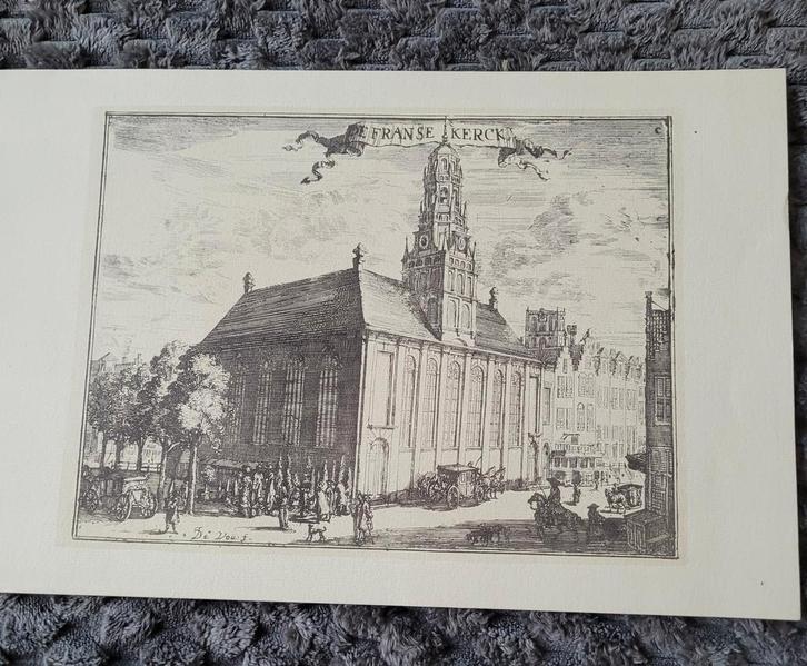 Oude prent van de Franse Kerk, Antiek en Kunst, Kunst | Etsen en Gravures, Ophalen of Verzenden