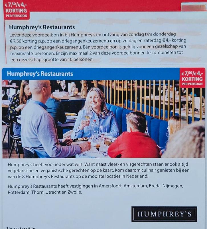 Humphrey's Restaurants €7,50/€4,- korting per persoon, Tickets en Kaartjes, Recreatie | Dierentuinen, Drie personen of meer, Kortingskaart