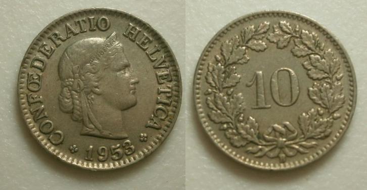PD31280 Zwitserland 10 Rappen 1953, Postzegels en Munten, Munten | Europa | Niet-Euromunten, Losse munt, Overige landen, Ophalen of Verzenden