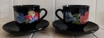 ARCOROC koffiekopjes en schotels, zwart glas met bloemdessin, Huis en Inrichting, Keuken | Servies, Ophalen of Verzenden, Glas