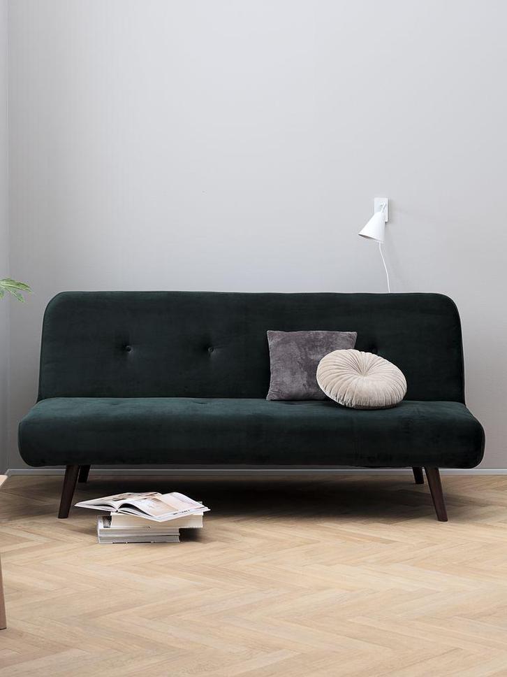 Jysk donkergroene velvet slaapbank, Huis en Inrichting, Banken | Sofa's en Chaises Longues, Zo goed als nieuw, Tweepersoons, Stof