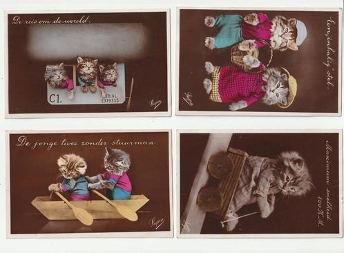 4 kaarten aangeklede katten poezen, Verzamelen, Ansichtkaarten | Dieren, Gelopen, 1920 tot 1940, Hond of Kat, Verzenden