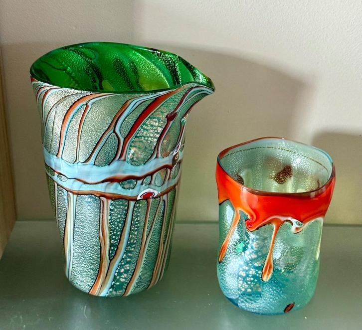 Murano Nachtset Groen en Rood (4) met Certificaat Diego Vio, Antiek en Kunst, Antiek | Glas en Kristal, Ophalen