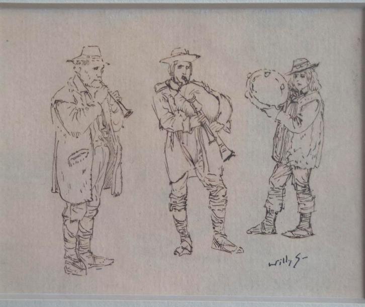 Pentekening van muzikanten door Willy Sluiter, Antiek en Kunst, Kunst | Tekeningen en Foto's, Ophalen of Verzenden