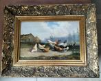 Olieverf Schilderij: Kippen met haan boerderij/boerenerf, Antiek en Kunst, Kunst | Schilderijen | Klassiek, Ophalen of Verzenden