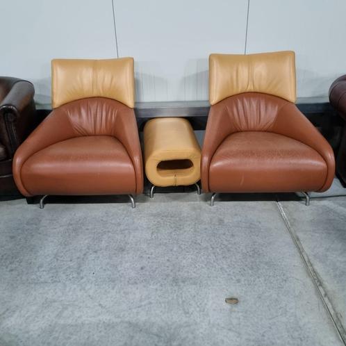 2x Leolux fauteuil + hocker + GRATIS BEZORGING, Huis en Inrichting, Fauteuils, Gebruikt, Leer, Ophalen of Verzenden