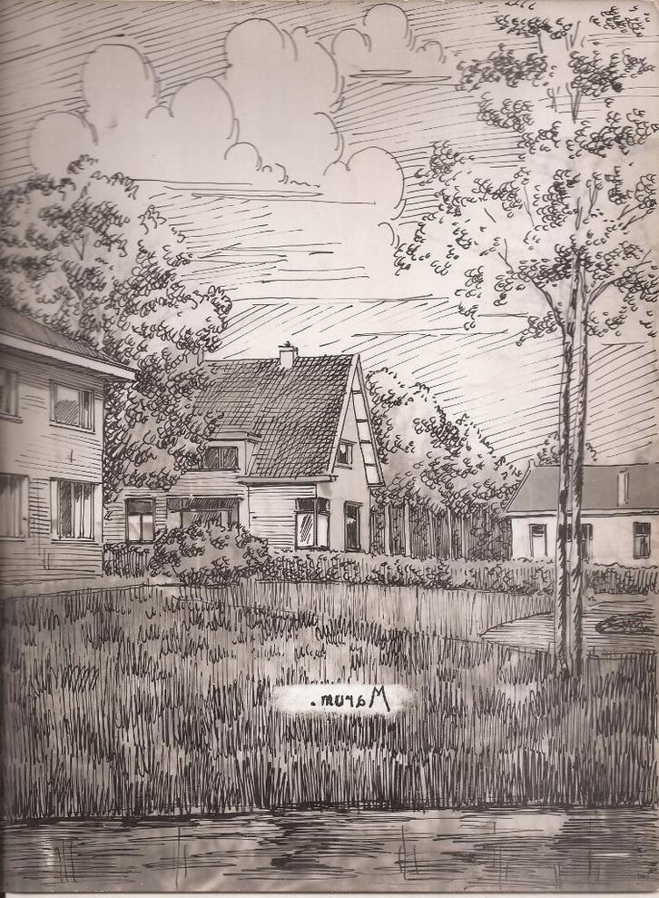 Marum Dorpsgezicht tekening Sievers 50/60er jaren, Antiek en Kunst, Kunst | Tekeningen en Foto's, Ophalen of Verzenden