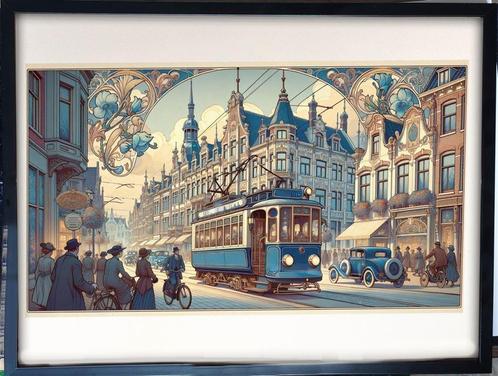 Uniek NZH de Blauwe Tram art nouveau poster affiche, Verzamelen, Spoorwegen en Tramwegen, Nieuw, Tram, Kaart of Prent, Verzenden