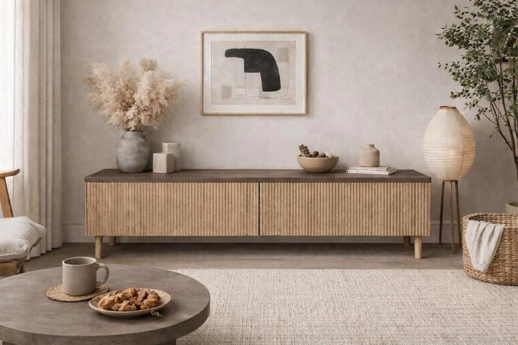 Japandi TV Meubel met Betonlook Blad, Huis en Inrichting, Kasten | Televisiemeubels, Nieuw, Minder dan 100 cm, 150 tot 200 cm