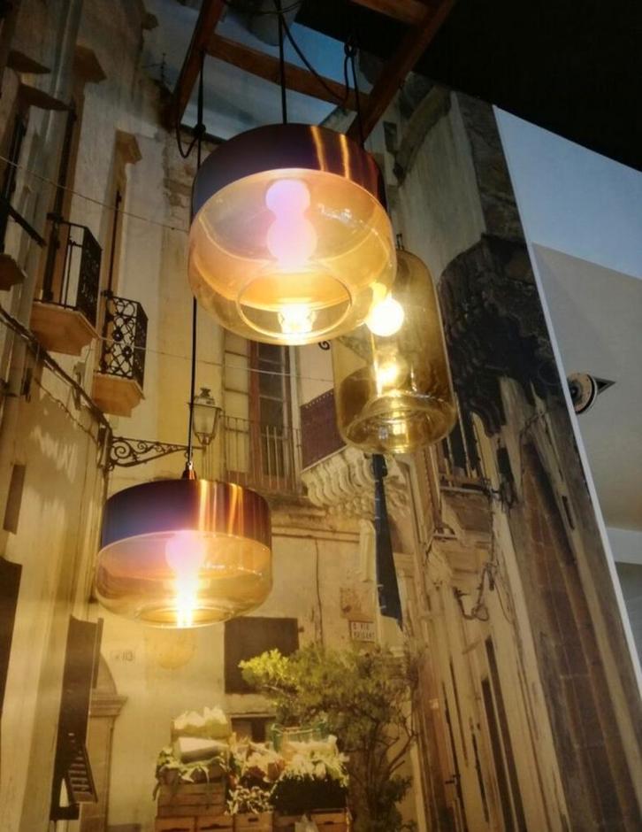 Prachtige set vintage ufo lampen, Huis en Inrichting, Lampen | Hanglampen, Gebruikt, Minder dan 50 cm, Glas, Metaal, Ophalen of Verzenden