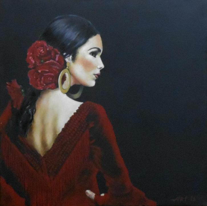 "Flamencodanseres" Schilderij, Antiek en Kunst, Kunst | Schilderijen | Modern, Verzenden