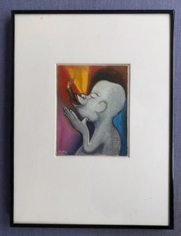 Jongetjesfiguur rookt sigaar ca. 1980 - ges. Nadia - Bali, Antiek en Kunst, Kunst | Schilderijen | Klassiek, Ophalen of Verzenden