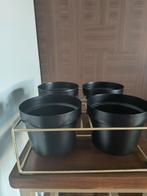Set van 4 zwarte bloempotten met gouden houder, Tuin en Terras, Bloempotten, Gebruikt, Rond, Binnen, Ophalen of Verzenden