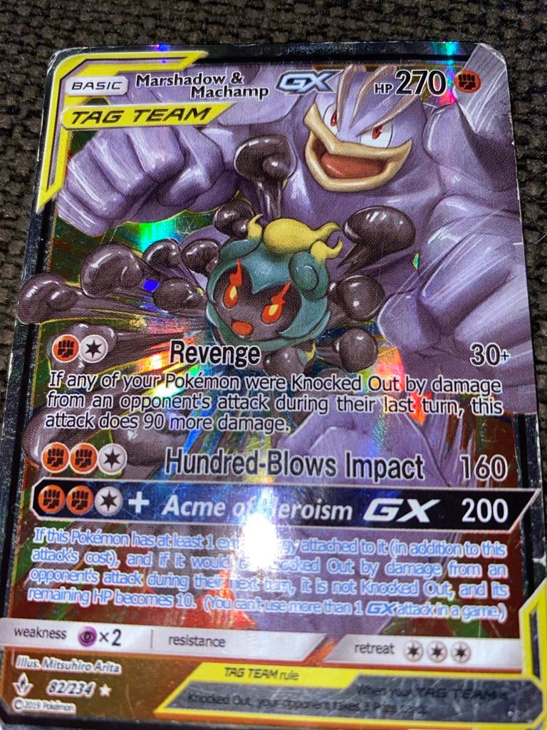 Marshadow & Machamp Tag Team GX Pokémon Kaart, Ophalen of Verzenden, Gebruikt, Losse kaart, Foil