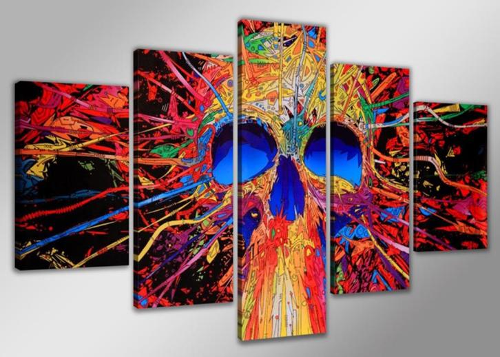 Doodskop Doodshoofd 5 Luik Canvas Schilderij 80x160cm Nieuw, Antiek en Kunst, Kunst | Schilderijen | Abstract, Ophalen of Verzenden