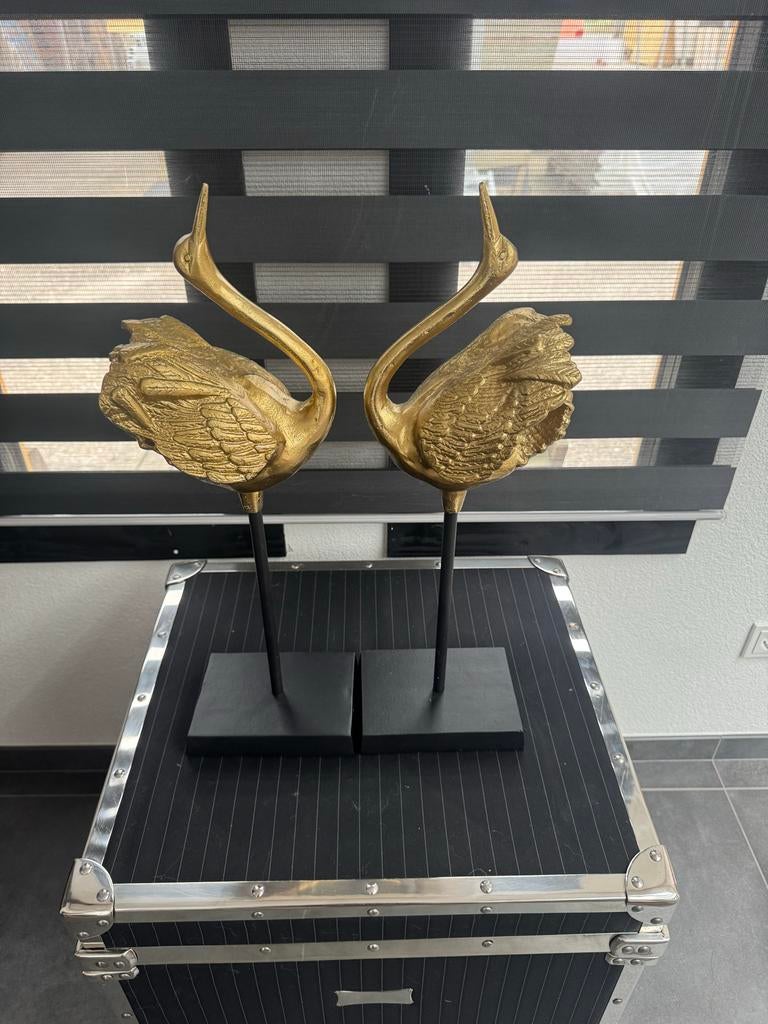 Gouden Zwanen Beelden Set, Tuin en Terras, Tuinbeelden, Ophalen, Zo goed als nieuw, Metaal, Dierenbeeld