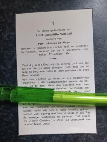 Bidprentje Gemert Helmond Anna van Lin 1881 1964 beschikbaar voor biedingen