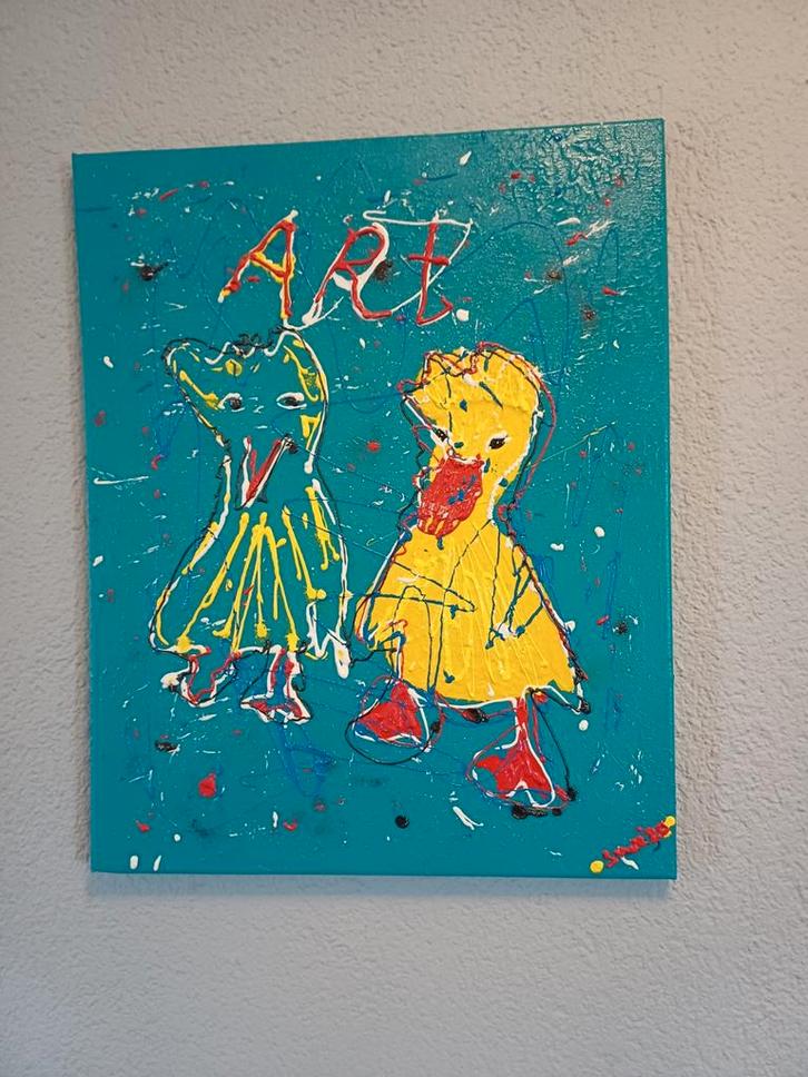 Kleurrijk Schilderij Eend - 40x50 cm - Acryl, Antiek en Kunst, Kunst | Schilderijen | Modern, Ophalen of Verzenden