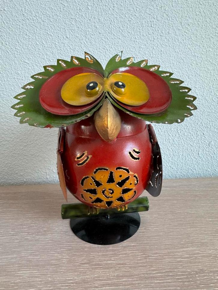 Handgemaakte, kleurrijke uil van gerecycled blik, Huis en Inrichting, Woonaccessoires | Overige, Gebruikt, Ophalen of Verzenden