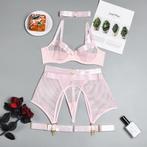Roze doorzichtig mesh lingerie setje string bh jarretels, Verzenden, Roze, Setje