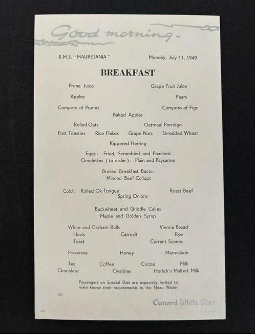 R.M.S. Mauretania, Breakfast Menukaart 1949, Verzamelen, Scheepvaart, Zo goed als nieuw, Motorboot, Ophalen of Verzenden