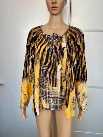 H454 Missy maat L=42/44 blouse tuniek top geel/wit zwart beschikbaar voor biedingen