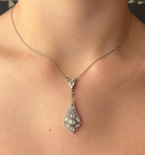 Art Deco grote roos diamanten antiek 14k hanger ketting goud, Sieraden, Tassen en Uiterlijk, Antieke sieraden, Ketting, Goud, Met edelsteen