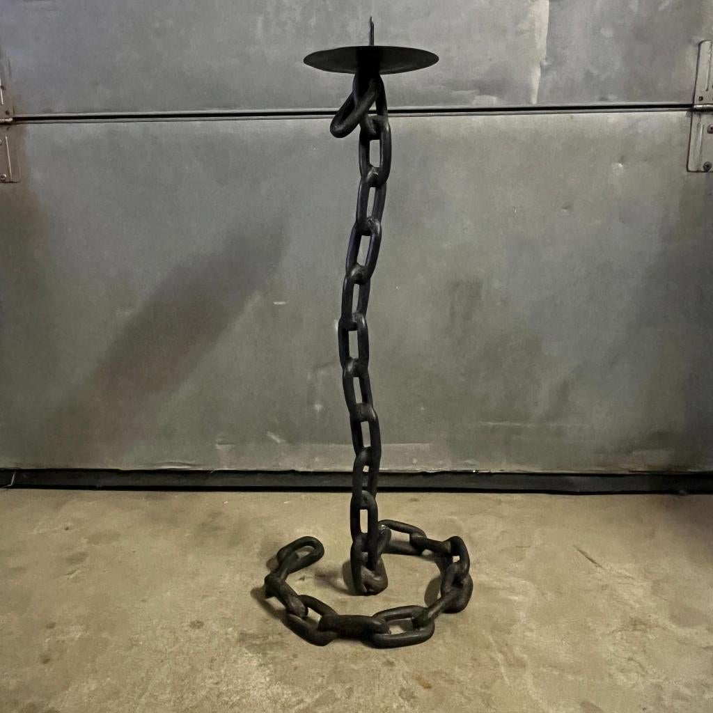 Grote ketting kandelaar smeedijzer brutalist, Gebruikt, Smeedijzer, Zwart, Ophalen of Verzenden