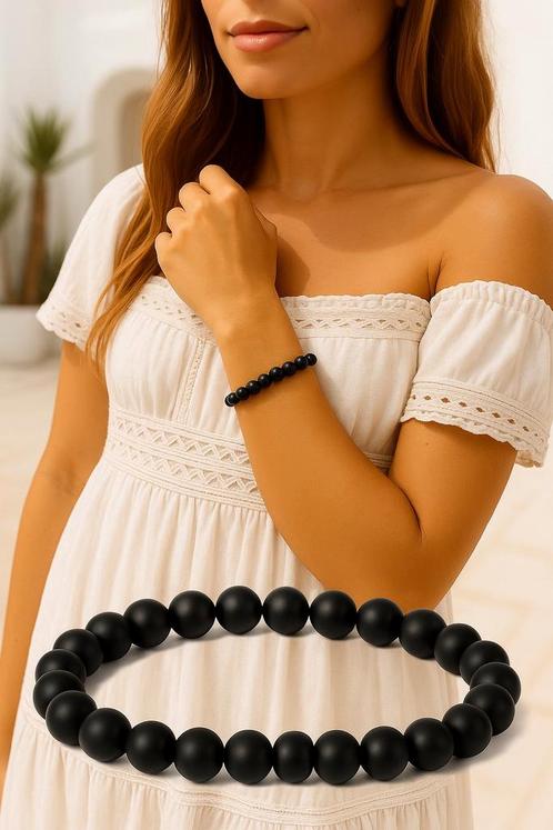 ⚫Zwarte Onyx Armband – 8mm Kralen – Beschermende Energie –, Sieraden, Tassen en Uiterlijk, Armbanden, Nieuw, Elastiek, Zwart, Ophalen of Verzenden