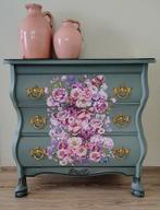 Groen antiek eiken buikkastje met vrolijke bloemenprint, Huis en Inrichting, Ophalen, 50 tot 100 cm, Zo goed als nieuw, 3 of 4 laden