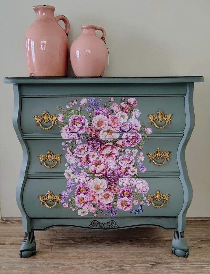 Groen antiek eiken buikkastje met vrolijke bloemenprint, Huis en Inrichting, Kasten | Ladekasten, Zo goed als nieuw, Minder dan 100 cm