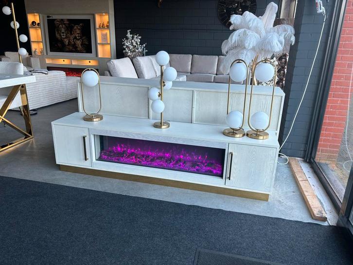 Crème Tv Meubel met Sfeerhaard creme/gold, Huis en Inrichting, Kasten | Wandmeubels, Nieuw, 150 tot 200 cm, Kunststof, Ophalen of Verzenden