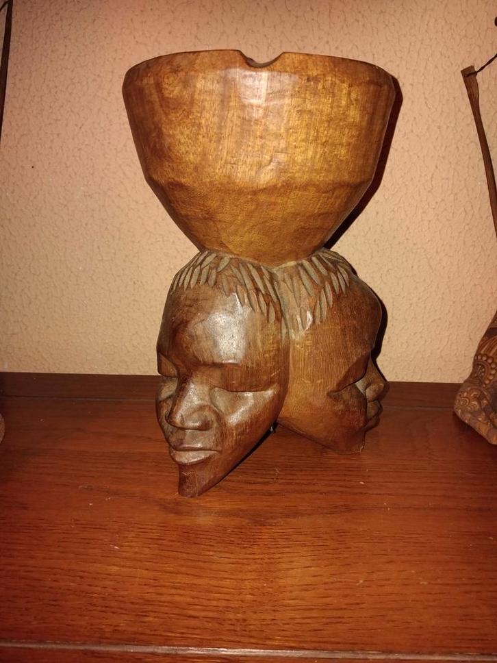 Houten Asbak / Schaal met Afrikaanse Gezichten, Antiek en Kunst, Kunst | Beelden en Houtsnijwerken, Ophalen of Verzenden