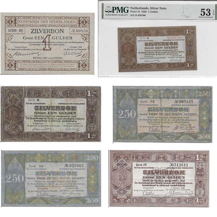 6 Zilverbonnen - Nederlandse guldens tussen 1918-1938, Postzegels en Munten, Bankbiljetten | Nederland, Setje, 10 gulden, Ophalen of Verzenden