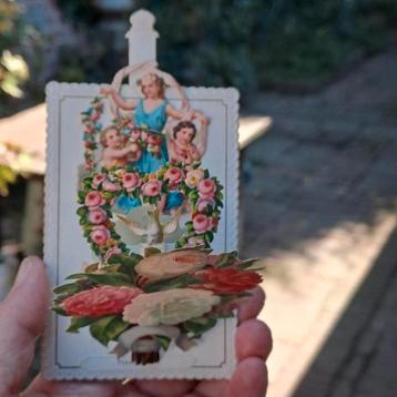 Biedermeier uitklapkaartje met camelia en engeltjes op wolk  beschikbaar voor biedingen