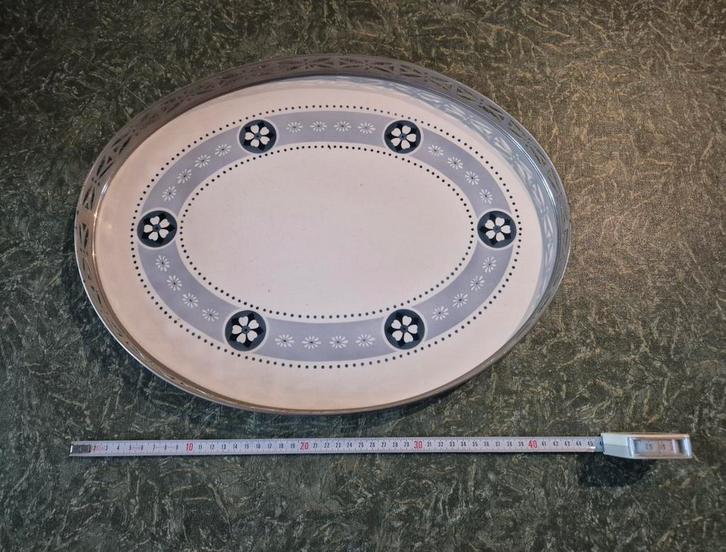 Antiek Porseleinen Dienblad met Metalen Rand, Antiek en Kunst, Antiek | Porselein, Ophalen of Verzenden